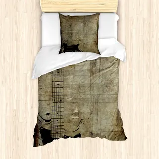 ABAKUHAUS Gitarre Mantele, Faded Instrument-Entwurf, Milbensicher Allergiker geeignet mit Kissenbezügen, 135 cm x 200 cm - 80 x 80 cm, Pale Braun Schwarz