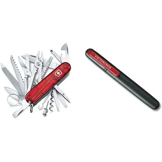 Victorinox, Taschenmesser, Swiss Champ, 91 mm, rot transparent (33 Funktionen, Klinge, Korkenzieher, Mini-Schraubendreher 1.5 mm, Klinge) & Dual-Messerschärfer, schwarz