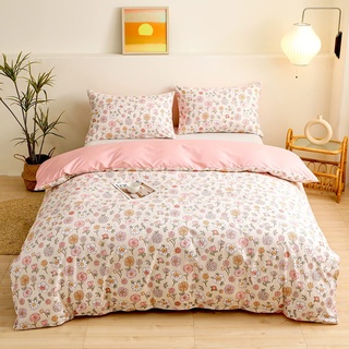 YASMENG Bettwäsche 135x200 Bunt Blumen Motiv Beige Rosa Floral Wendebettwäsche Set Weich Kuschelig Mikrofaser Bettwäsche Aesthetic Bettbezug Set 2teilig mit Reißverschluss und 80x80 cm Kissenbezug