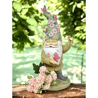 Gartenzwerg mit Schmetterling und Blumen Deko Figur Gnom Wichtel 42cm NEU
