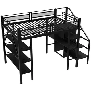 Beaok Hochbett mit Schreibtisch 140/200 cm in Schwarz – mit Stauraum, Schrank und Treppe , Metall , 140x200 cm , Babymöbel & Kindermöbel, Kinderzimmer & Jugendzimmer, Kinderbetten, Hochbetten