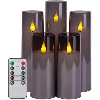 IMAGE Flackernde flammenlose Kerzen batteriebetrieben, Acryl Shell Pillar 3D Docht LED-Kerzen mit Timer für Hochzeit Weihnachten Home Decor Set von 5 (D2,3 in X H5 5 7 7 8 in), grau