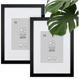 Blumtal – 2er Set Bilderrahmen 21x30 cm, hochwertiger Fotorahmen Berlin aus Holz mit Passepartout, zum Aufhängen und Aufstellen, schwarz
