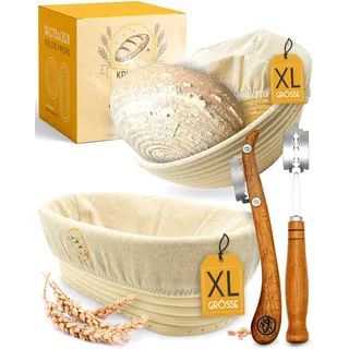KRUSTENZAUBER Gärkörbchen zum Brotbacken + Bäckermesser - Set aus 2x Gärkorb und 2x Teigritzmesser - Brot Backen Zubehör, Brotkorb, Brotbackform, Sauerteig Teigschneider, Gärfolie Brot