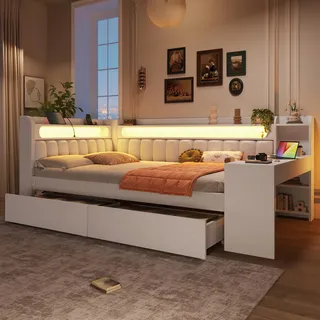 FAVSH Polsterbett 140x200 cm mit LED-Beleuchtung und USB-Anschluss, Tagesbett mit gepolstertem Kopfteil und Lattenrost, modernes Jugendbett, mit Schreibtisch und 2 Schubladen, Weiß, ohne Matratze