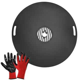 Monucep Carbonstahl Feuerplatte Ø 80 cm mit Grilleinsatz und Handschuhen, Grillplatte für Feuertonne und Feuerschale, Plancha Grillring für BBQ und Teppanyaki