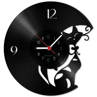 GRAVURZEILE Wanduhr aus Vinyl Schallplattenuhr „Katze“ Upcycling Design Wand-Deko Vintage Wand-Dekoration Retro-Uhr Made in Germany