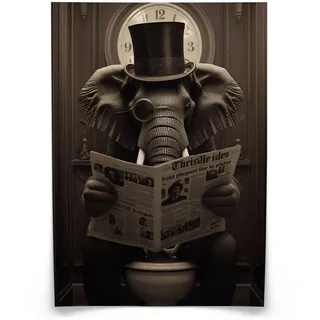 Muralo Poster für WC Badezimmer Elefant in Toilette Retro Zeitung Abstraktion 20x30cm , Braun, Beige, Grau, Schwarz , Papier , Tiere, Abstrakt , Rechteckig , 20x30x30 cm , Bilder & Rahmen, Bilder, Sonstige Wandbilder