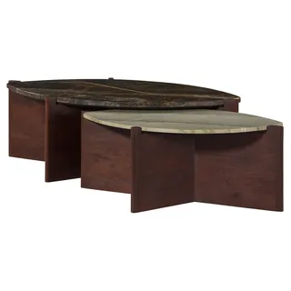 MASSIVMOEBEL24.DE Couchtisch 2er Set Akazie 115x65x35 braun lackiert / Marmor grün + beige ORGANIC COLLECTION #29 - Braun