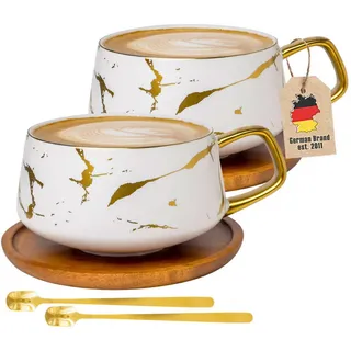 Intirilife Kaffeetasse Marmor Design 200 ml mit Untersetzer (2-tlg.) , Weiß , Keramik , 4-teilig , 0.2 L , 13x6.3x13 cm , leicht zu reinigen , Geschirr, Tassen, Tassen Sets