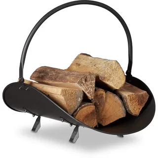 Relaxdays Kaminholzkorb schwarz, Brennholzkorb groß, Holzwiege Kamin, Feuerholzkorb Metall, HxBxT 40 x 38 x 48 cm, black