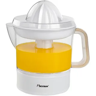 Bestron elektrische Zitrus- & Orangenpresse, inkl. 2 Presskegel und Aromadeckel, Motor mit zwei Drehrichtungen (links/rechts), Füllmenge: 0.7 Liter, Nordic Home Kollektion, Farbe: Mattweiß/Holz