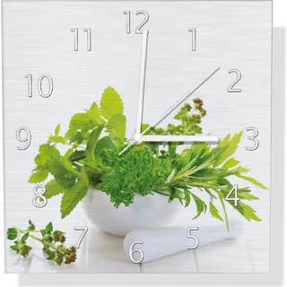 Wallario Design Wanduhr Welt der Kräuter - verschiedene Kräuter in einem weißen Mörser aus Aluverbund, Größe 30 x 30 cm - Weiß