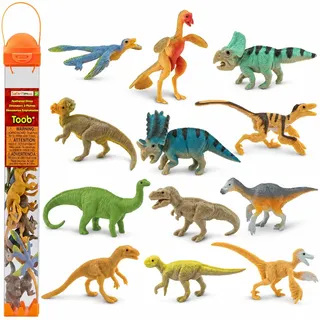 Safari Ltd. Gefiederte Dinosaurier Toob 681904- 12x handbemalte Sammelfiguren in Tube-Apatosaurus, Triceratops, Iguanodon, Corythosaurus, Stegosaurus, Ankylosaurus, Tyrannosaurus rex, Dimetrodon, Velociraptor, Spinosaurus, Diplodocus und Pteranodon