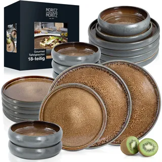 Moritz & Moritz Steingut Geschirr Set 6 Personen 18-tlg - Geschirrset 6 Personen Beige aus je 6 Dinner Teller, Kleine Teller, Tiefe Teller - Serie Solid