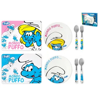 Home Schlümpfe Set aus Teller mit 2 Besteckteilen, Melamin, Bunt, 4 Teile