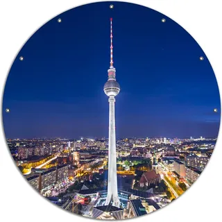 Wallario rundes Outdoor-Poster für Garten oder Balkon, Motiv Fernsehturm Berlin bei Nacht, 120 cm Durchmesser - Blau