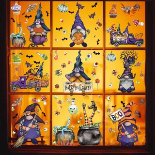 Hianjoo Fensterbilder Halloween Deko, Fenster Aufkleber Dekorationen, 73 Stück Fenstersticker Selbstklebend mit Gnom Bat Kürbis, Halloween Fensterdeko für Party