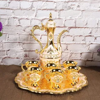 Tissting Vintage Türkisches Teeset, Elegantes Orientalisches Teeservice mit 8 Teilen, Metall Tassen und Tablett für Kaffee und Tee Zuhause, für Sammler und Genussmenschen