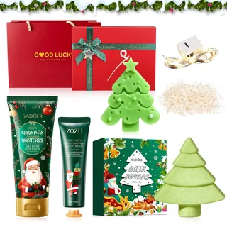 Weihnachtsbad Sets Geschenkbox,Body Lotion, Handcreme, Badebomben in Form Eines, Weihnachtsbaums,Duftkerzen in Form Eines Weihnachtsbaums,Bade Geschenkset zum Weihnachten, Weihnachtsgeschenke