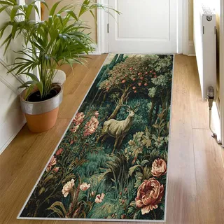 Blumenmuster Reh Läufer Teppich 80x300 cm, Waldtiere Botanical Korridor Teppich Läufer Flur, Waschbar Rutschfest Teppichläufer für Schlafzimmer Küche Wohnzimmer Weich & Kurzflor (Salbeigrün)