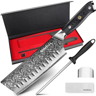 MOSFiATA Damastmesser Nakiri Messer 18 cm Damast Japanisches Küchenmesser | Kochmesser aus 67 Schichten Damaststahl, Scharfe Hackmesser Mehrzweck Fleisch Gemüsemesser mit G10-Griff und Wetzstahl