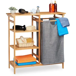 Relaxdays Badregal Wäschekorb, Bambus, 4 Ablagen, entnehmbarer Wäschesammler, HBT: 80,5 x 80 x 33,5 cm, natur/grau