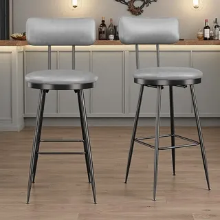 Barhocker, 2er Set, Barstühle, Küchenstühle mit Rückenlehne und Fußstütze, Industrie-Design, Metallgestell, Einfache Montage, Sitzhöhe 65 cm, PU, Dunkelgrau (2, Dunkelgrau) - Dunkelgrau