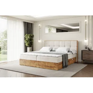 altdecor Boxspringbett LOLLI7 mit H4-Matratze, Kopfteil und Eiche-Holz Bettkasten - 120x200 - Beige Samt Casablanca - Beige