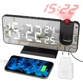 Projektionswecker Digitaler LED-Wecker mit Ladegerät, Radiowecker mit USB-Ladeanschluss, Doppelwecker, LED-Spiegelbildschirm, Einstellbare Helligkeit, Temperatur und Luftfeuchtigkeitsanzeige, Schwarz