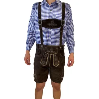 Herren Lederhose Tracht Kurz mit Hosenträgern Rindleder Trachtenhose Premium Tracht  , Größe: 54 Farbe: Dunkelbraun - Dunkelbraun