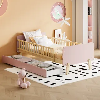 Merax Kinderbett 90x190cm mit 2 Schubladen, Jugendbett mit Rausfallschutz und Lattenrost, Einzelbett aus Massivholz, Kinderhaus Tagesbett, Rosa - Rosa
