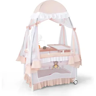 Fantask 4 in 1 Babybett mit Matratze, Beistellbett mit abnehmbarem Baldachin, Spielbogen & Musikbox, Baby Reisebett mit Rollen, Kinderreisebett für Baby 0-36 Monate (Grau)