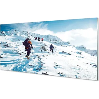 Spritzschutz 100x50 Wandkunst Klettern auf die Berge im Winter - Blau