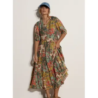 2-in-1-Kleid APRICOT "Patchworkkleid", Damen, Gr. XS (34), N-Gr, grün (khaki), gewebt, Obermaterial: 83% Viskose CV. 17% Nylon NY., gemustert, V-Ausschnitt, Puffärmel, Kleider 2-in-1-Kleid, mit Stufenrock