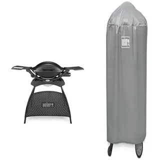 Weber 209860 Stand Gasgrill Edition, Schwarz + Abdeckhaube für Q-1000/2000 mit Rollwagen/Stand, grau