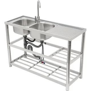 Etrhdfyts Edelstahl Spültisch 120 cm Breit mit 2 Becken und 3 Ebenen, Küche Spüle mit Unterschrank,Freistehendes Spülbecken mit Warm und Kalt-Wasserhahn, Ablauf-Schlauch, Küchenspüle