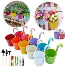 GIOVARA Blumentöpfe zum Aufhängen, Blumentopf hängend ohne Ablaufloch, 10 Stück bunte Balkon Garten Töpfe mit Werkzeugen, Blumentopf aus Metall für Pflanzen mit abnehmbare Henkel(13 x 9.5X 13.5 cm)