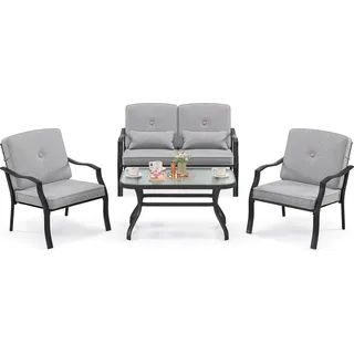 Costway 4-tlg. Gartenmöbel Set inkl. 2 Stühlen, Bank, Tisch, Sitzgarnitur mit Kissen für 4 Personen - Schwarz/Grau