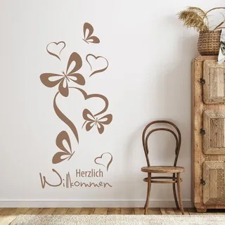 GRAZDesign Wandtattoo Flur Herzlich Willkommen Spruch, Schmetterlinge für Eingang, Wand Deko selbstklebende Klebefolie, Wohnzimmer, 114x50cm, 081 hellbraun