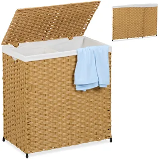 Relaxdays Wäschekorb mit Deckel, Rattan-Optik, Wäschesack 110 L, HBT: 60x58x34 cm, Wäschesortierer 2 Fächer, braun/beige