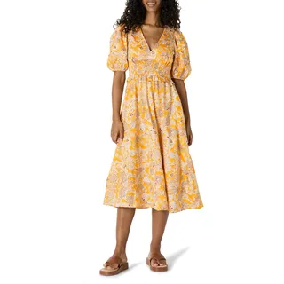 Amazon Essentials Damen-Midikleid aus Baumwollsatin mit Puffärmeln, reguläre Passform, Goldgelb, Beige, Multi Folk Floral, X-Large