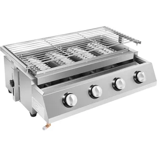 KEESUNG Gasbräter Gasgrill 4 Brenner, 4-Flammen Edelstahl Brenner mit Abnehmbarer Grill Profi Gastrobräter LPG Gastro BBQ Tischgrill für Camping Balkon Garten Picknick, 58x40x20 CM
