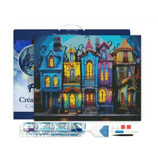 Figured'Art Diamond Painting Erwachsene 40x50cm Mit Rahmen Ganze Leinwand gespannt Bunte Gotische Häuser 5D Bilder Eckige Steine - DIY Set Basteln