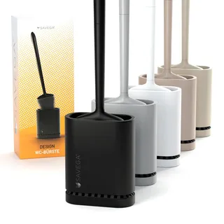 SAVEGA - Silikon Klobürste mit flachem und biegsamem Kopf - Toilettenbürste aus Silikon mit schnell trocknendem Halter - Moderne WC Bürste für die Wandmontage ohne Bohren (schwarz, matt) - 1er Set