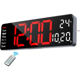 Lafocuse Digitale Wanduhr LED Groß Display 13", Digitaluhr mit Fernbedienung, Temperaturanzeige, Datum, Wecker, Helligkeit Regelbar, 12/24HR, Einfach zu Lesen für Wohnzimmer Küchen Büro, Rot