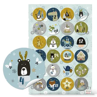 Logbuch-Verlag Adventskalender Zahlen Aufkleber für Kinder bunte Tiere Wintermotive grün blau Ø 4 cm Adventskalenderzahlen Sticker