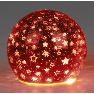 Formano LED Deko-Kugel 15 cm Sterne Rot Glaskugel Timer 6h/18h beleuchtete Deko - inkl. 3 AA Batterien - glänzende Crackle-Optik - Herbst Winter Weihnachtsdeko für Tisch Regal Fensterbank