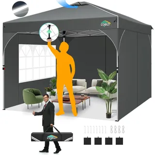 COBIZI Pavillon 3x3 Faltpavillon wasserdicht Winterfest, EIN-Tasten-Zentralverriegelung Partyzelt Faltbar Anti-UV mit Fluoreszierenden Streifen, 4 Seitenwänden, 3 Höhenverstellbar,Gartenzelt, Freien