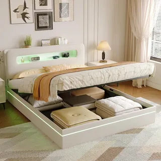 140 x 200 cm großes Bett mit LED-Beleuchtung und Kopfteil, hydraulischem Stauraum, Doppelbett, Samt, weiß - Beige
